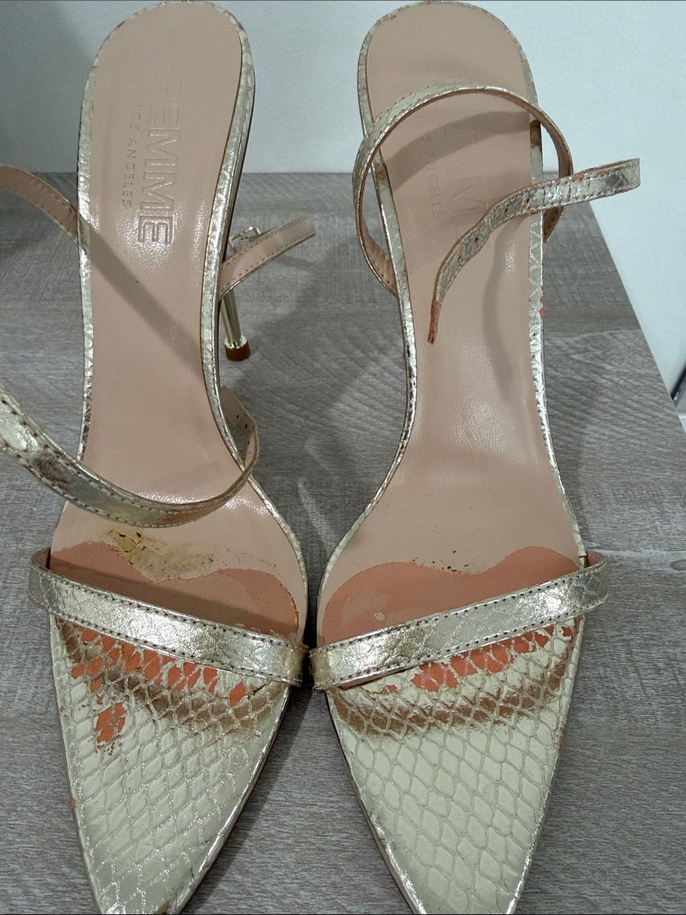 FEMME LA  Gold Metallic Pointed-Toe Strappy Heels